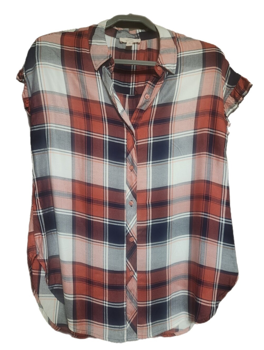 NWOT COMO VINTAGE Plaid Ruffle Short Sleeve Blouse